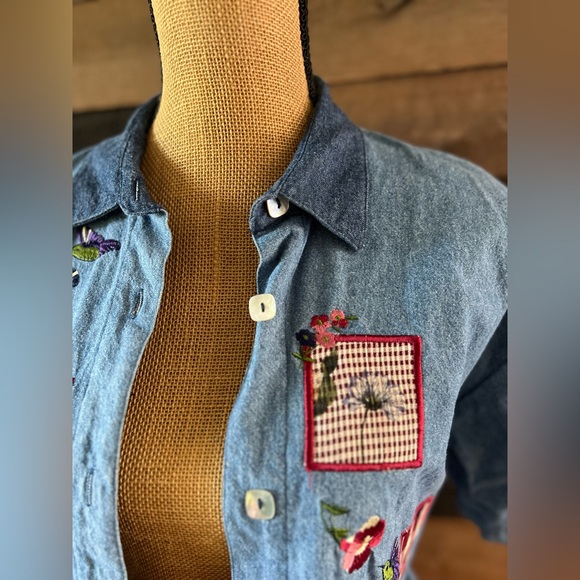 90s Vintage Teddi Blue Cotton Short Sleeves Patchwork Collared Button Up Shirt - Picture 6 of 11